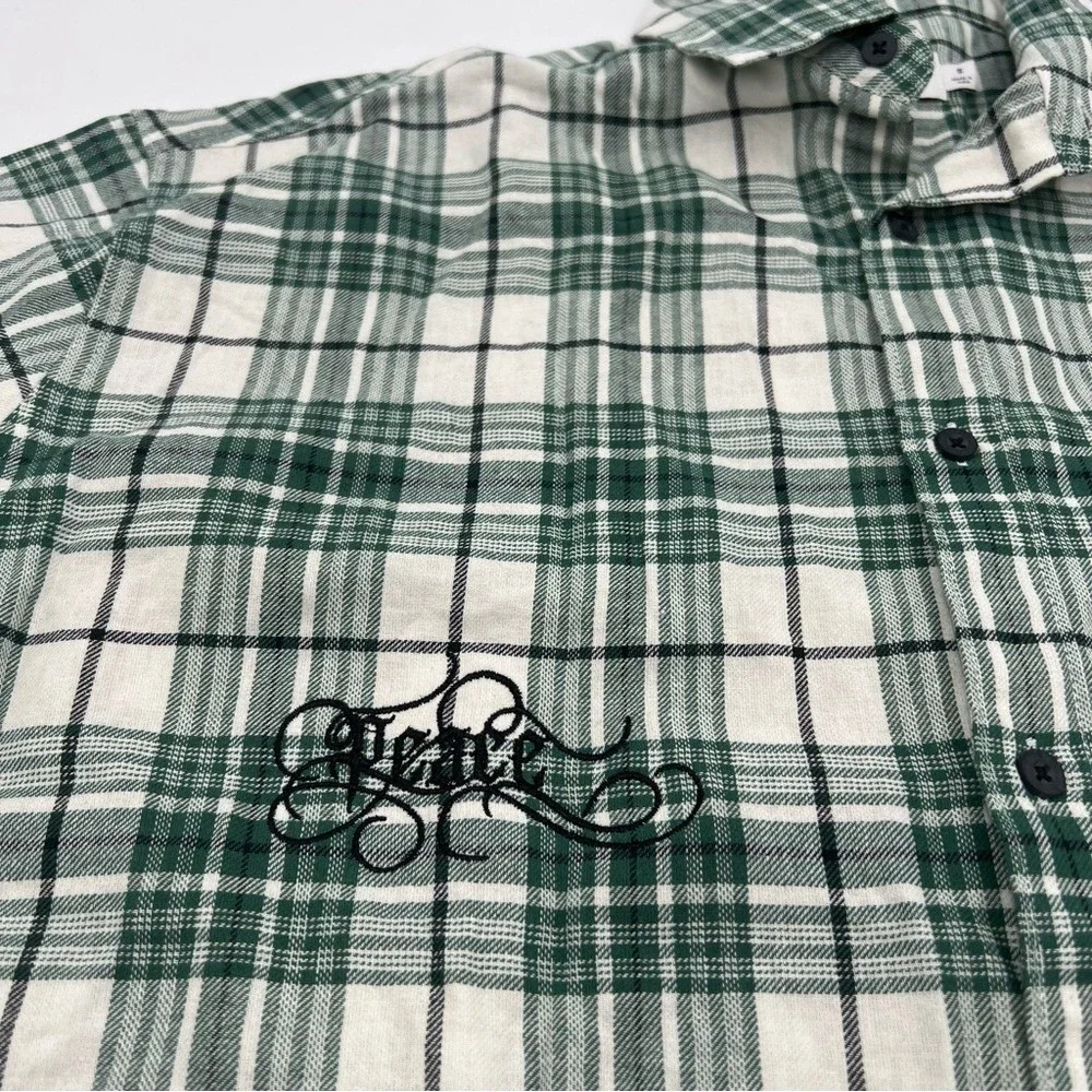 Topman‎ Mens Green White Plaid Embroidered Peace Flannel Button Down Shirt S NEW